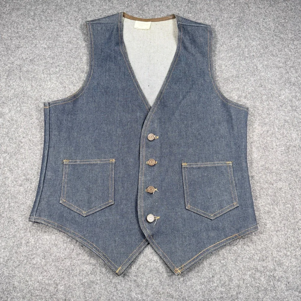 Vintage Dark Wash Denim Vest Mens Medium 38-40 Blue Cotton Blend Waistcoat